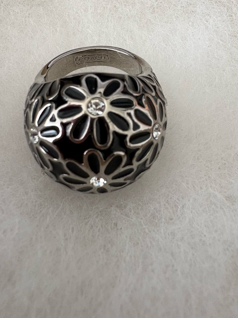 Coach Black and Silver Floral Dome Ring with Crystal Accents